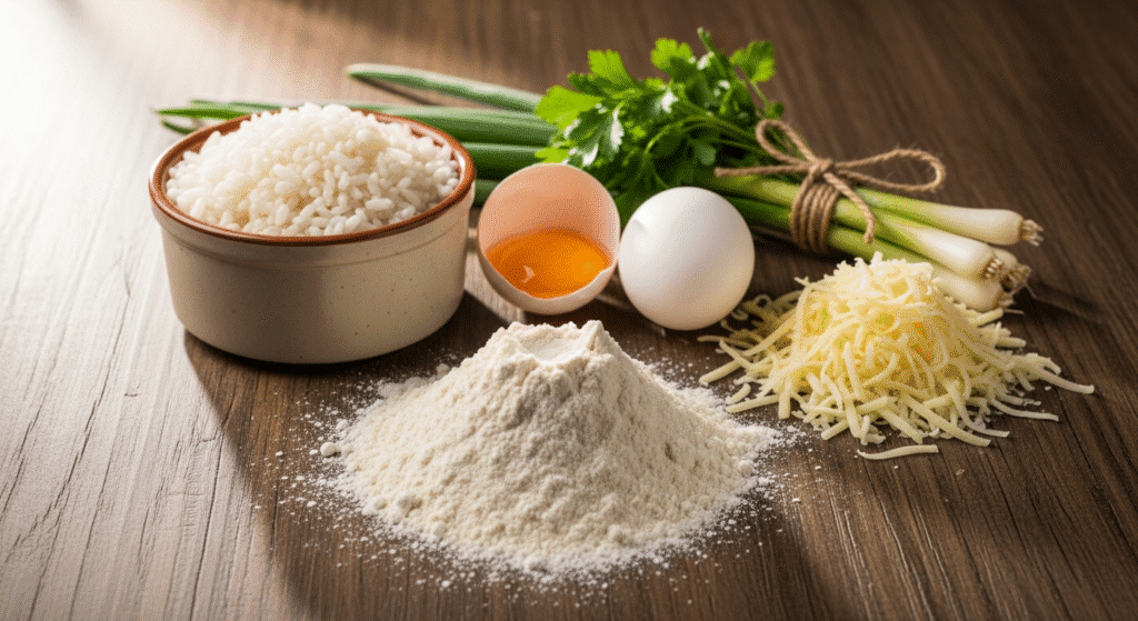 Ingredientes frescos para bolinho de arroz