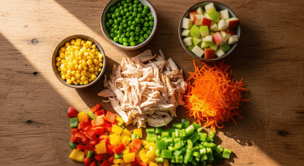 Ingredientes frescos para salpicão de frango