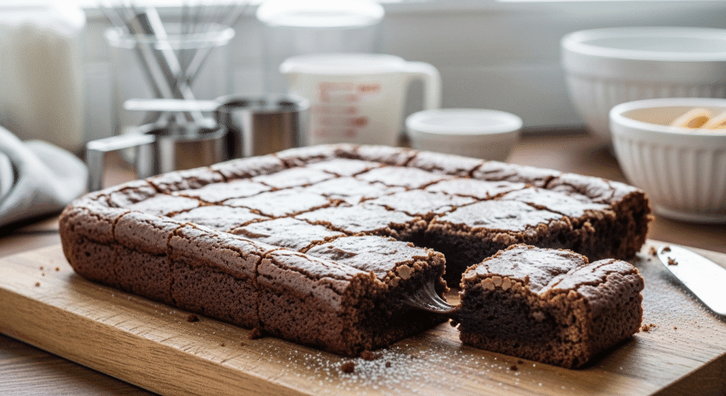 Brownie rápido e simples recém-assado com casquinha brilhante sobre tábua de madeira.
