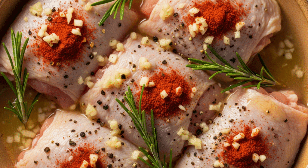 Detalhe da marinada de sobrecoxa de frango com limão, alho e ervas frescas.