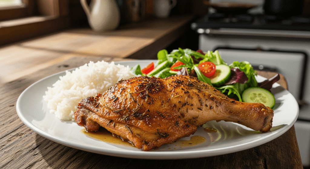 Prato com sobrecoxa de frango assada, arroz e salada verde.