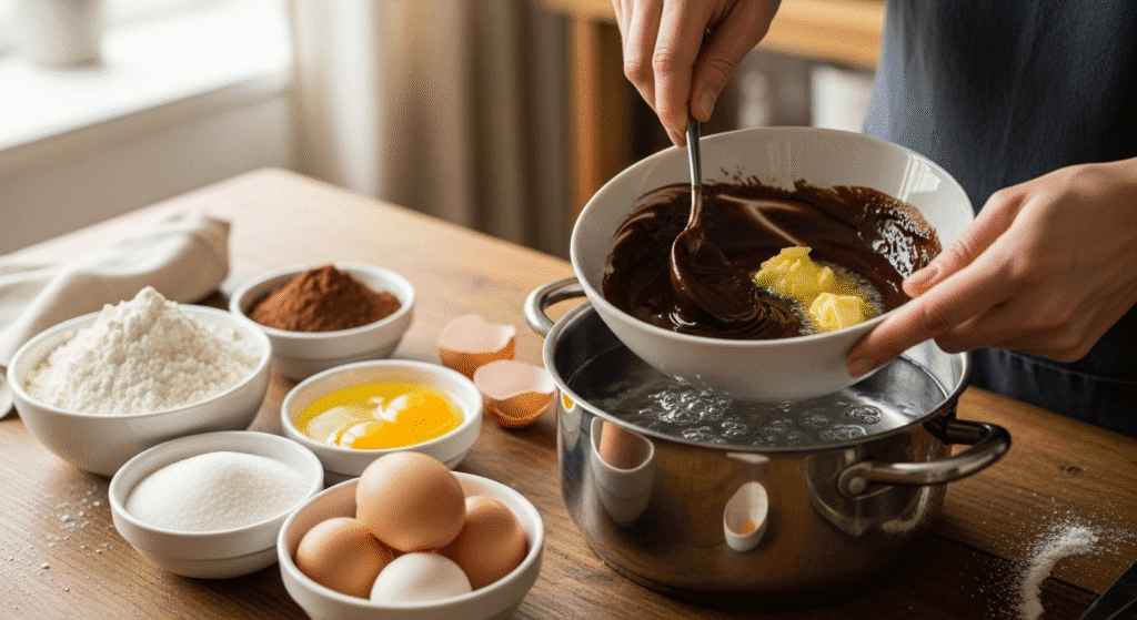 Ingredientes e preparo do brownie rápido e simples com chocolate derretido e manteiga.