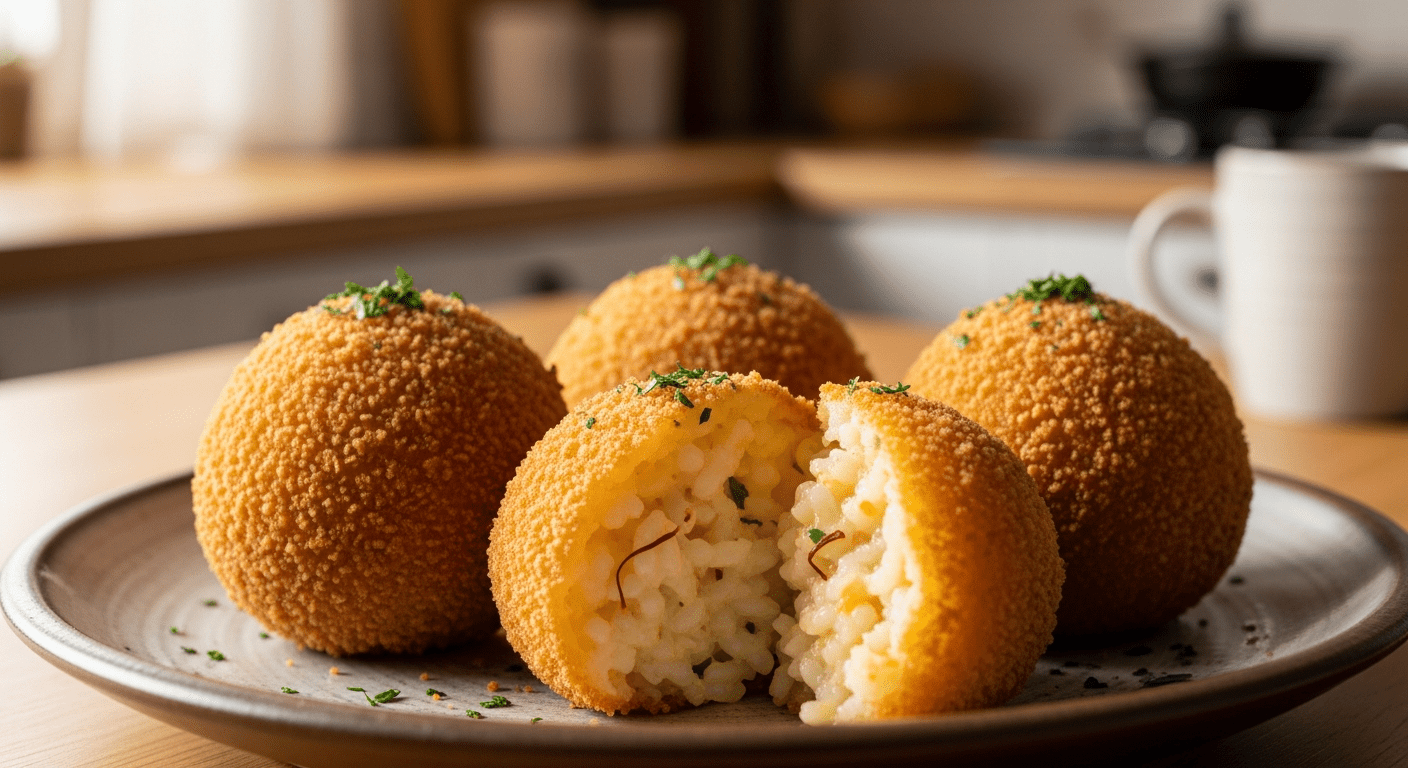 Bolinho de arroz dourado em prato rústico