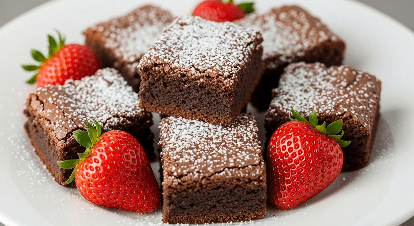 Pedaços de brownie rápido e simples decorados com morangos e açúcar de confeiteiro.