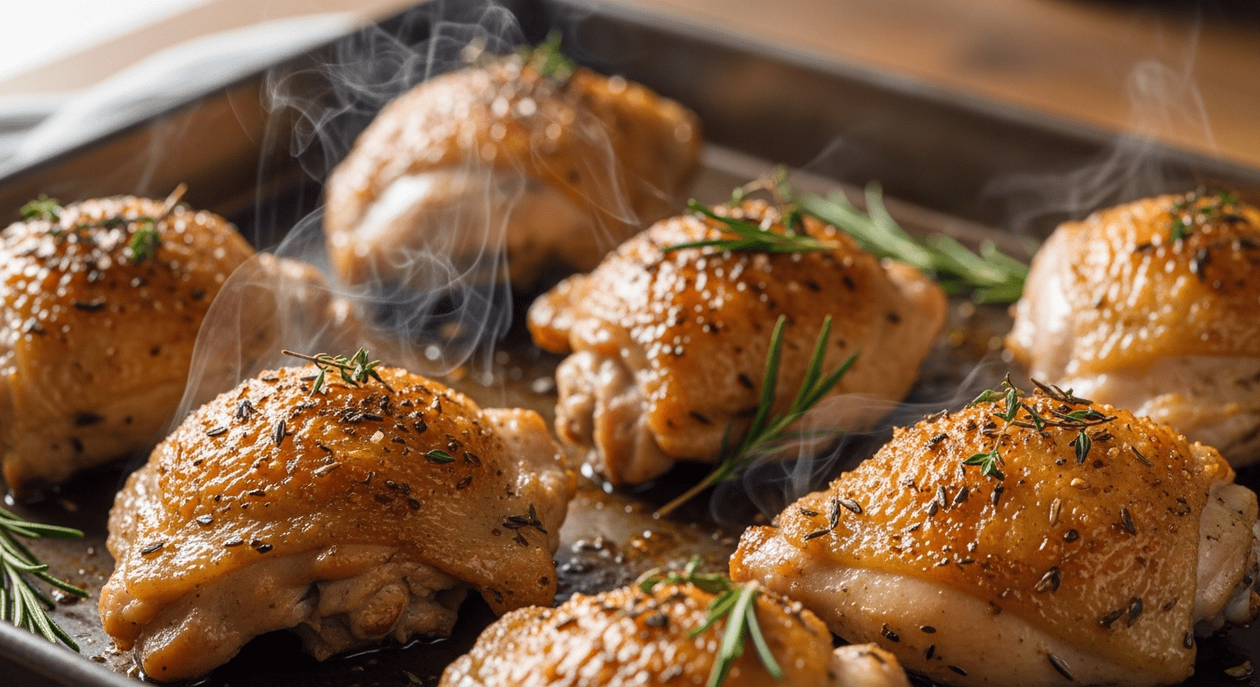 Sobrecoxa de frango assada dourada no forno com temperos e azeite.
